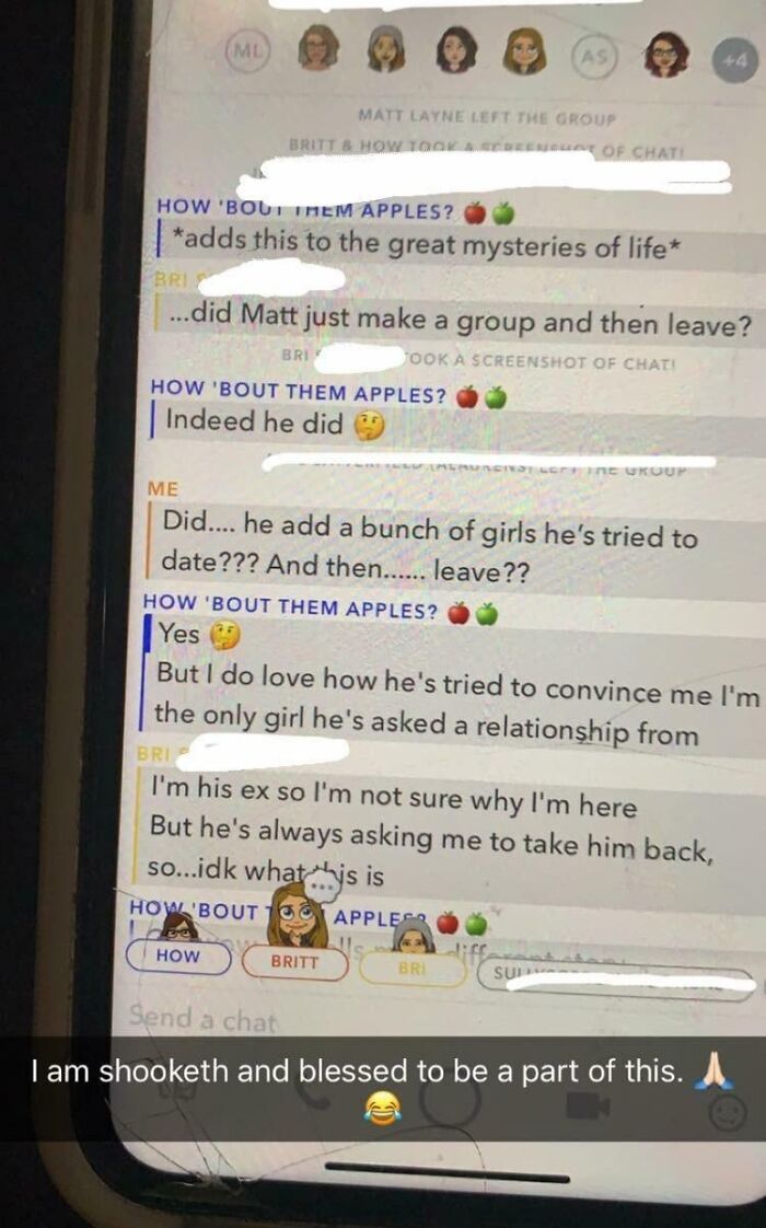 Group chat screenshot with exes discussing relationships and confusion, reflecting a perplexing social scenario.