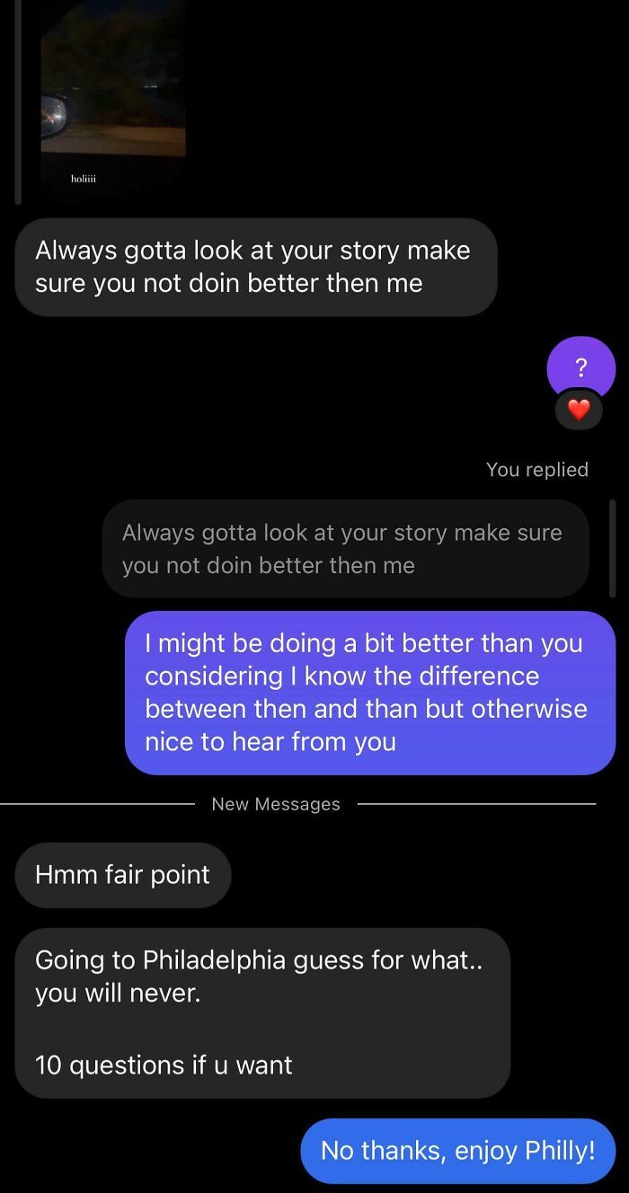 Text exchange with an ex about doing better in life, showing reasons not to talk to exes.