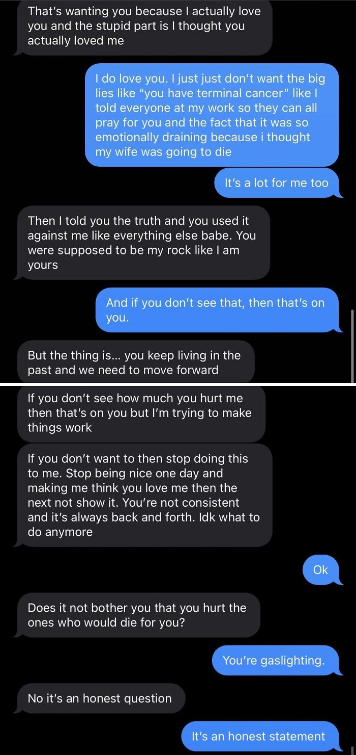 Text message exchange illustrating a conversation about emotional struggles with an ex.