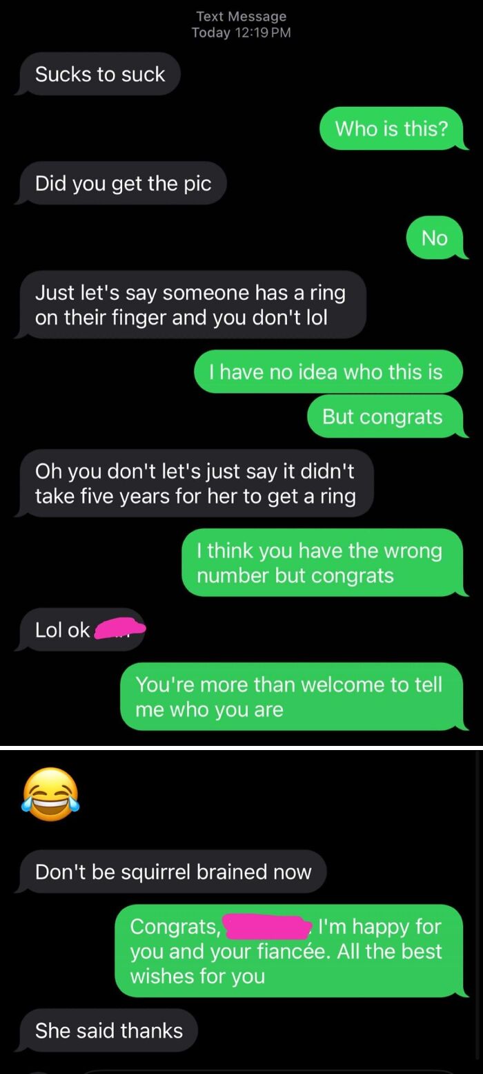 Text exchange highlighting awkward conversation with an ex about engagement.