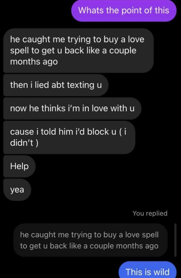 Text exchange revealing a complicated situation with an ex, highlighting relationship issues and miscommunication.