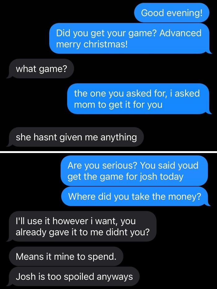 Text conversation highlighting a misunderstanding about Christmas game purchase, reflecting issues with an ex.