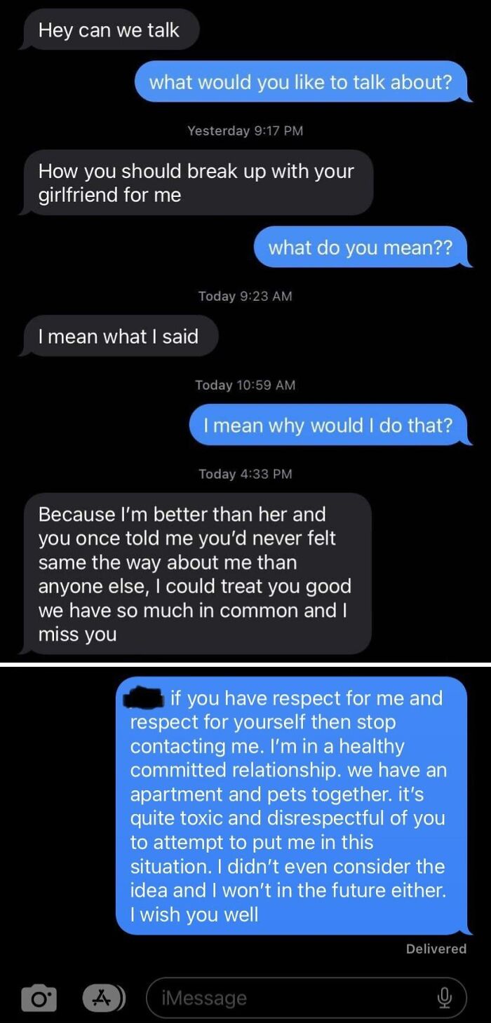 Text conversation illustrating why dealing with exes can be challenging, with one person setting boundaries.