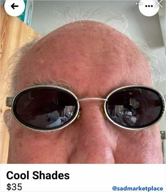 Man wearing small, round sunglasses listed on Facebook Marketplace.
