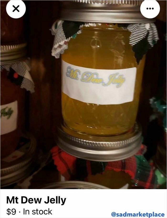 Jar of Mt Dew Jelly, listed for $9 on Facebook Marketplace.
