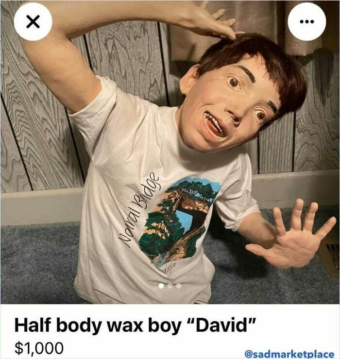 Wax figure of a boy named "David" in an unusual pose, listed on Facebook Marketplace for $1,000.
