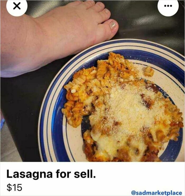 Plate of lasagna listed on Facebook Marketplace with a foot nearby, priced at $15.