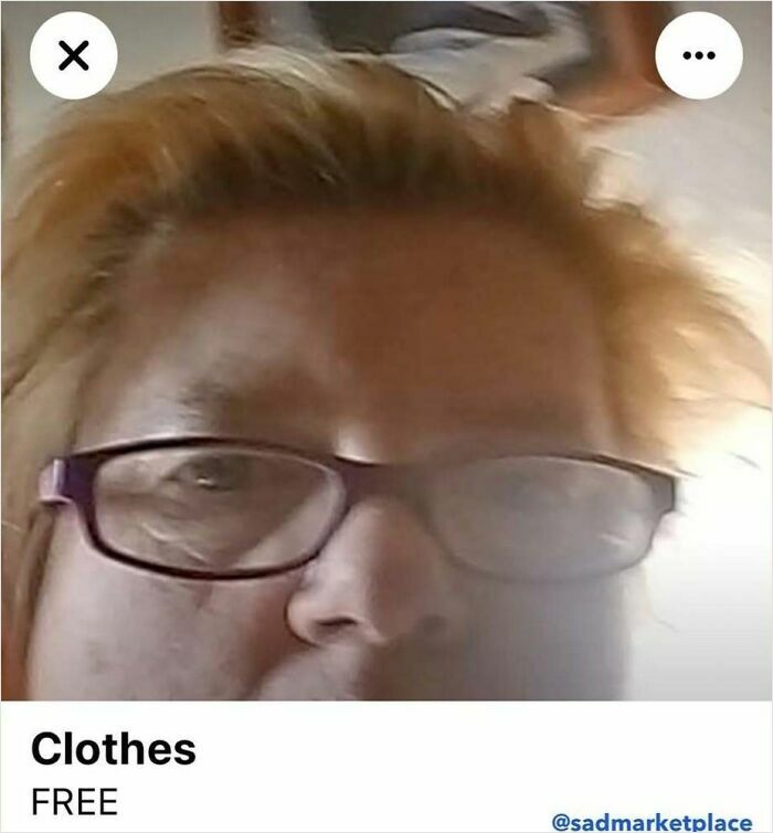 Close-up selfie with glasses listed as "Clothes" for free on Facebook Marketplace.