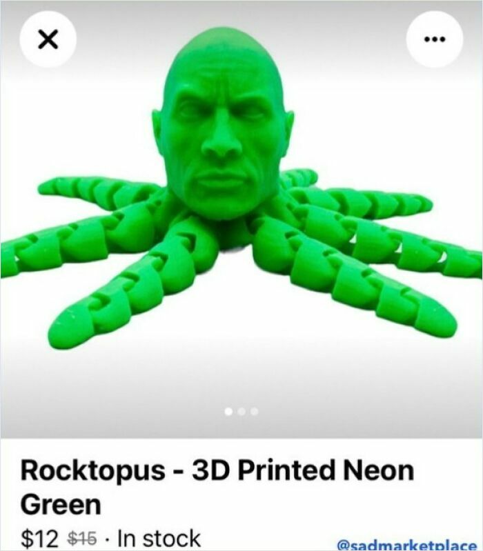 3D printed neon green octopus with a human head listed on Facebook Marketplace.