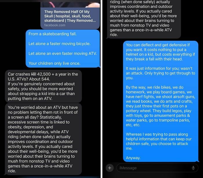 Text conversation screenshot arguing about child safety and activities, highlighting reasons not to talk to exes.