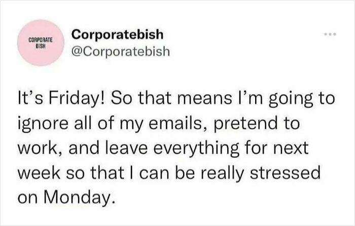 Funny relatable meme about work stress, avoiding emails, and pretending to work on a Friday.