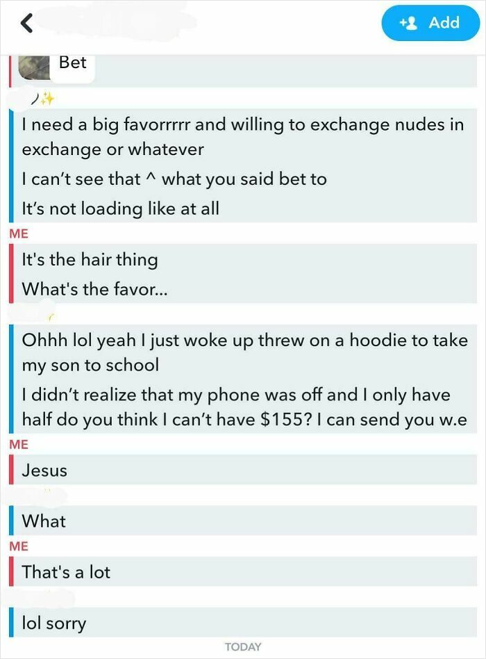 Text message exchange showing awkward conversation with an ex, discussing favors and money.