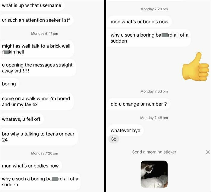 Text messages exchange showing a difficult conversation with an ex, highlighting communication issues.