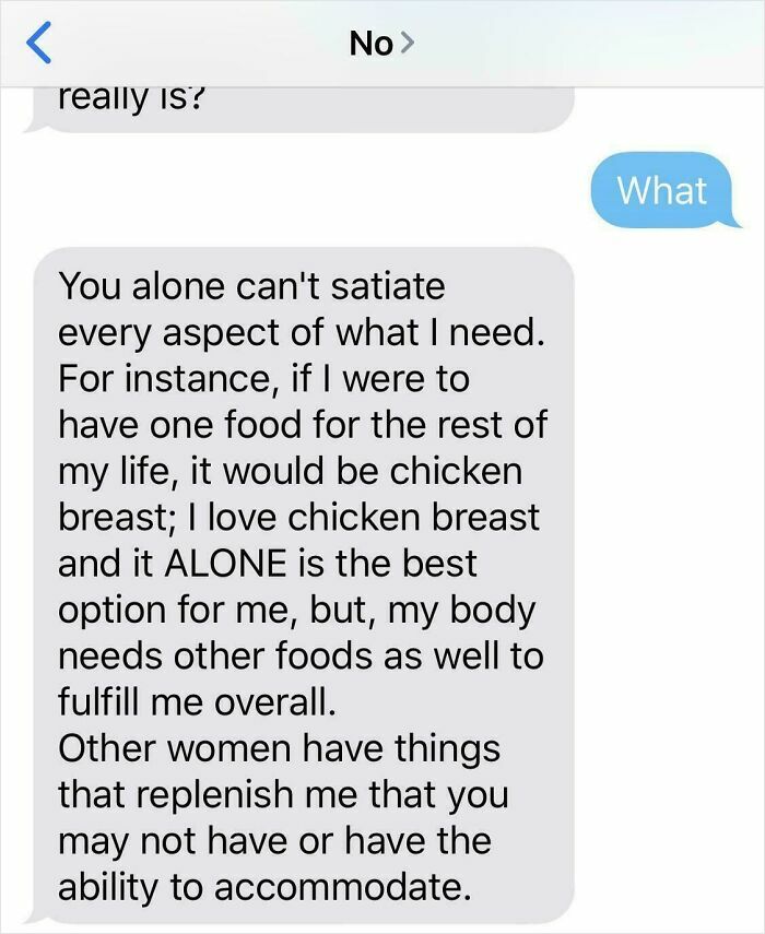 Text conversation showing a person comparing their needs to food choices, highlighting why exes can be difficult to deal with.