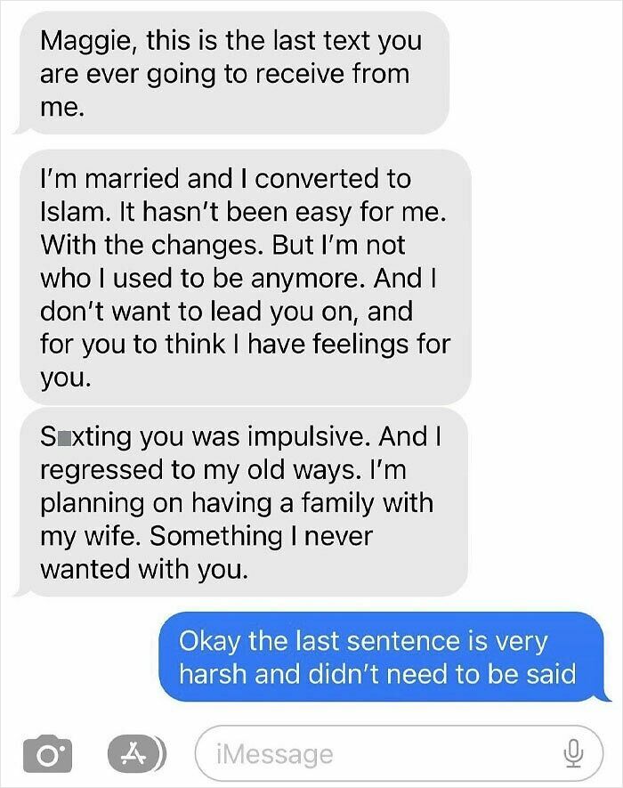 Text exchange highlighting difficulties with worst exes and harsh responses.