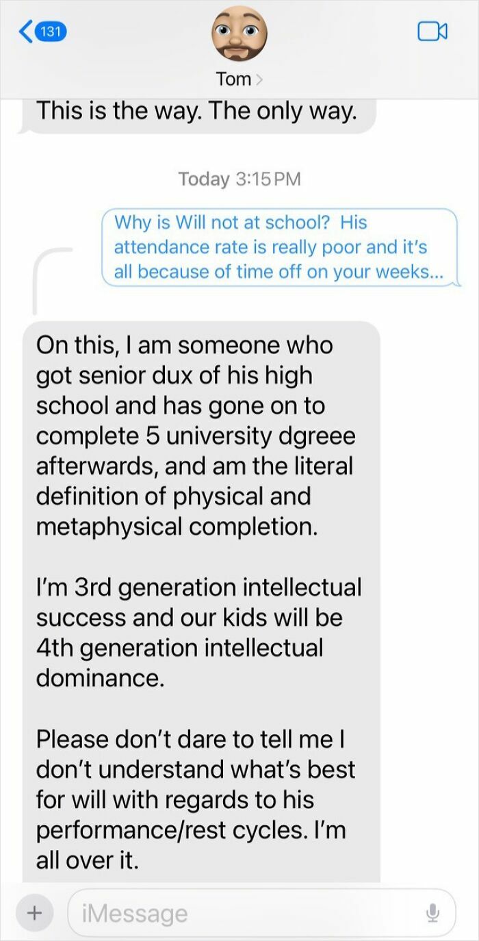 Text conversation about a child's school attendance, showcasing a challenging ex-partner dynamic.