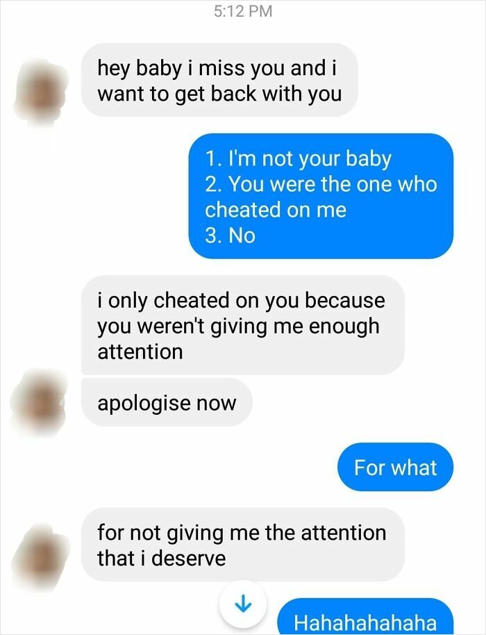 Text exchange with an ex about cheating and attention, illustrating difficult ex relationships.