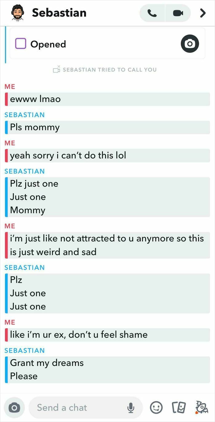 Text conversation with an ex, highlighting awkward and persistent messages.