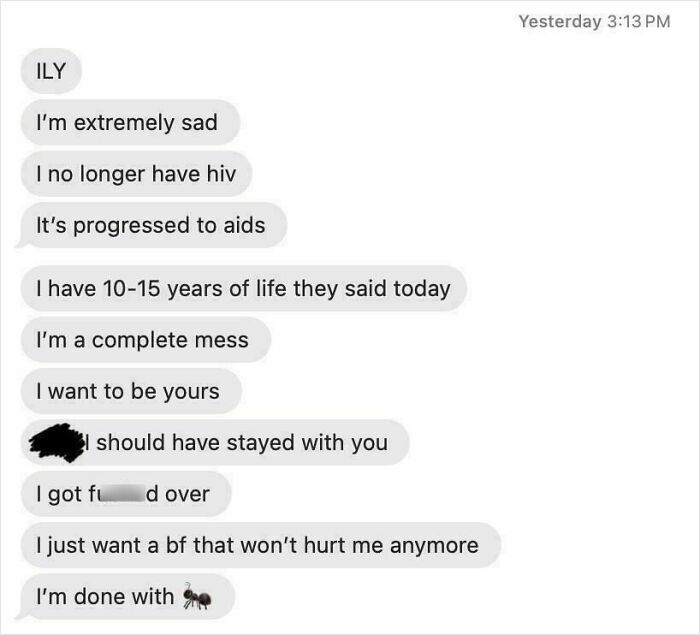 Text conversation showing emotional messages from an ex-partner.