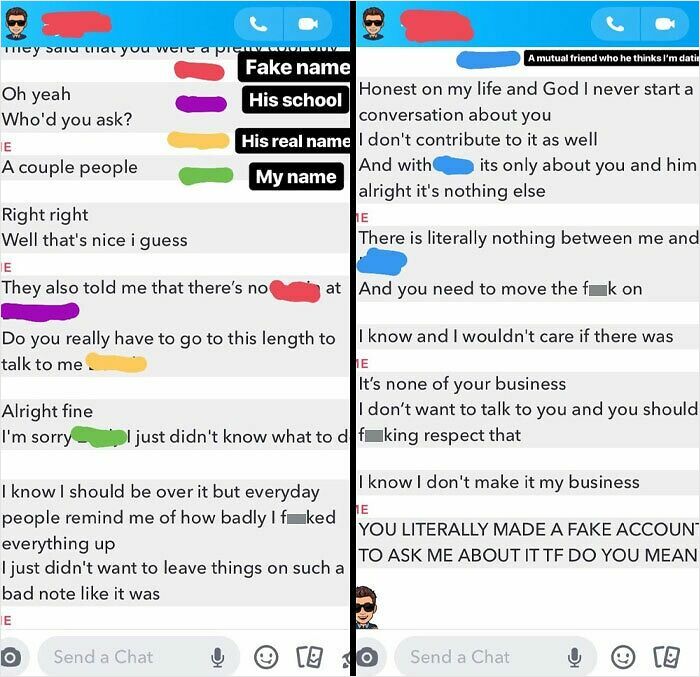Text conversation highlighting issues with an ex, showing anger and frustration over fake accounts and unwanted contact.