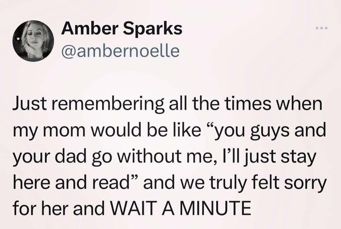 Tweet from Amber Sparks about funny mom memory, sharing an amusing thought and realization.