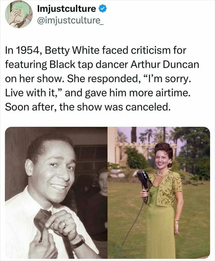 Arthur Duncan and Betty White, early TV history moment, smiling with microphones, colorful outdoor backdrop.