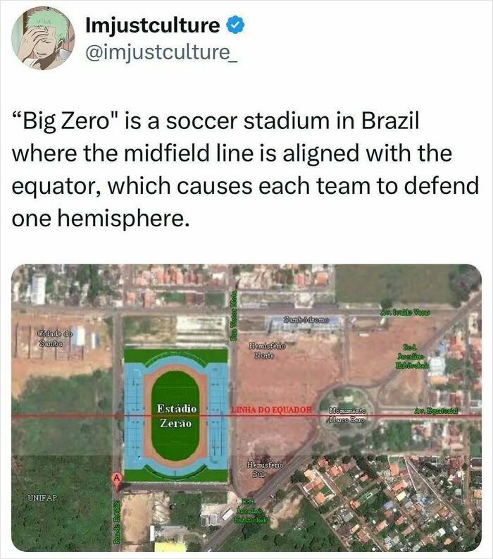 Aerial view of Estádio Zerão in Brazil, where the equator divides the soccer field, creating a unique play environment.