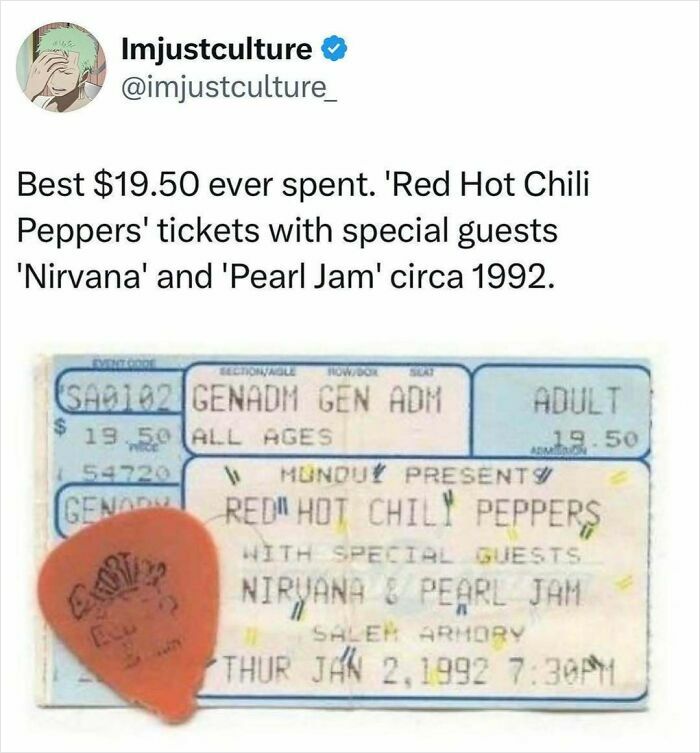 Concert ticket stub from 1992 featuring Red Hot Chili Peppers, Nirvana, and Pearl Jam.