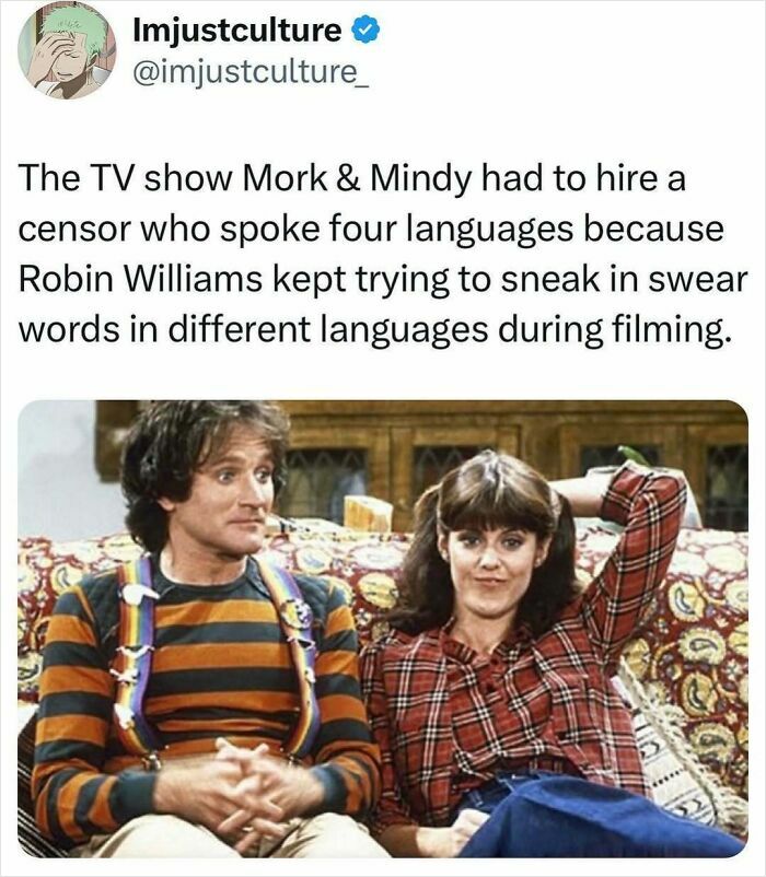 TV show Mork & Mindy introducing language fun facts for family discussions.