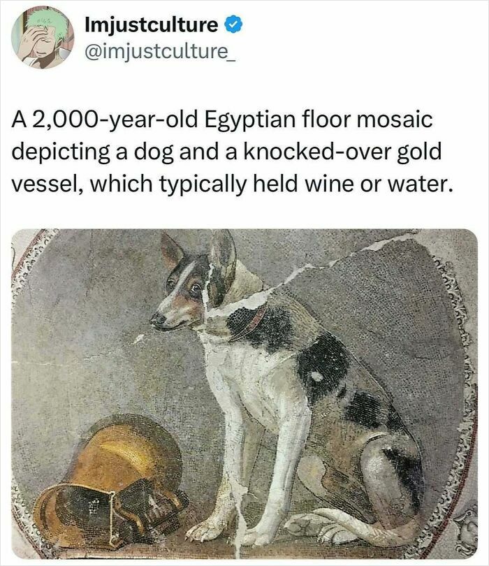 Ancient Egyptian mosaic depicting a dog and a tipped gold vessel, ideal for sharing interesting facts over Easter lunch.