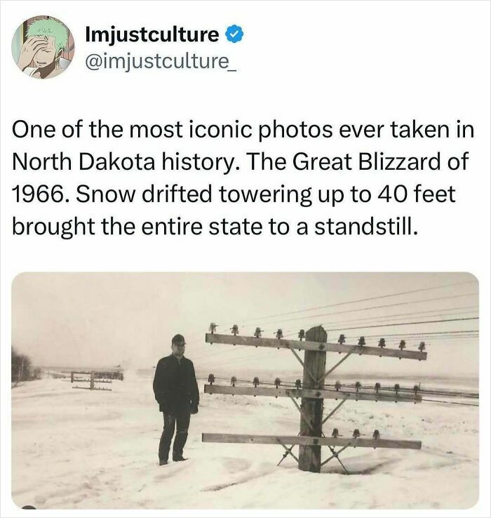 Great Blizzard of 1966 in North Dakota; man stands by snow-covered power lines, showcasing historic weather event.