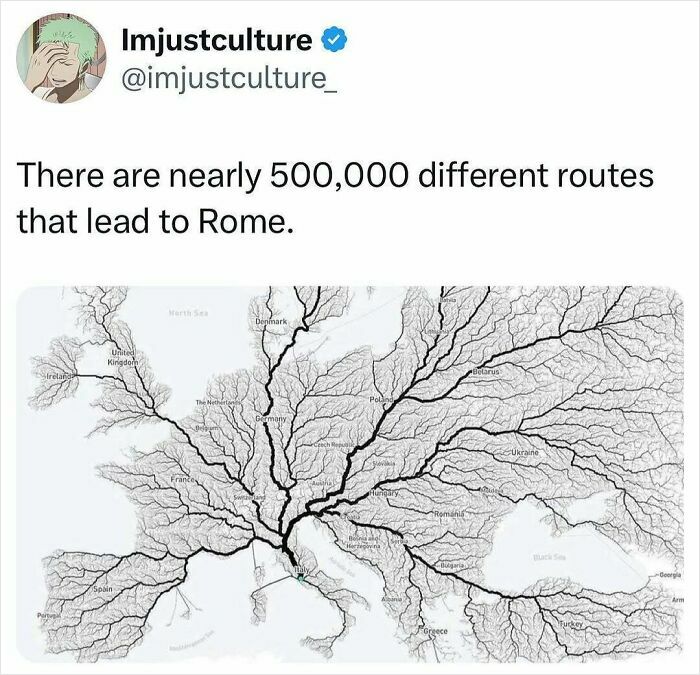Map showing numerous routes leading to Rome, illustrating an interesting fact about travel paths.