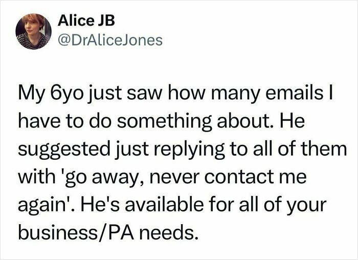 Tweet with a funny suggestion from a child about handling emails; humorous reflections shared online.