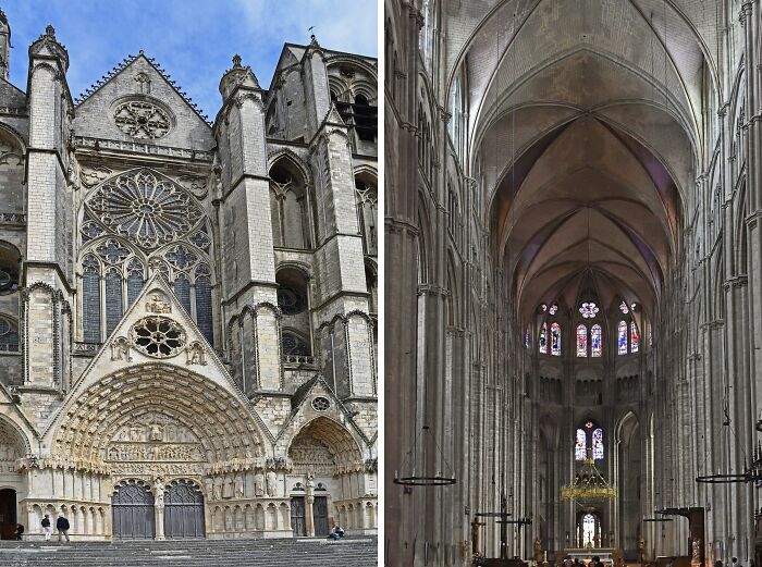 Exterior and interior of a Gothic architectural wonder with intricate details and high vaulted ceilings.