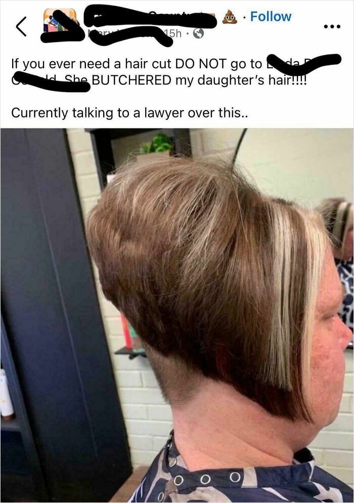 Haircut gone wrong; uneven cut revealed on woman's short hairstyle, showing a potentially bad day.