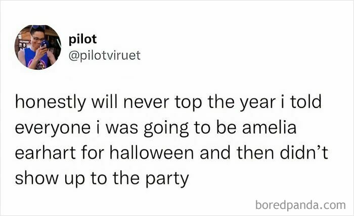 Anti-social meme about not attending a Halloween party after planning to dress as Amelia Earhart.