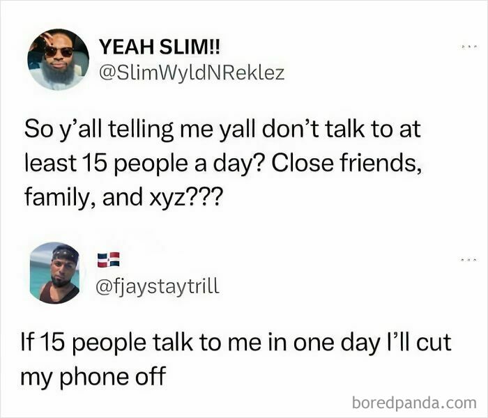 Anti-social meme with two tweets about talking to 15 people a day.