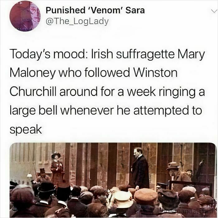 Tweet about anti-social mood with Mary Maloney ringing a bell next to Winston Churchill.