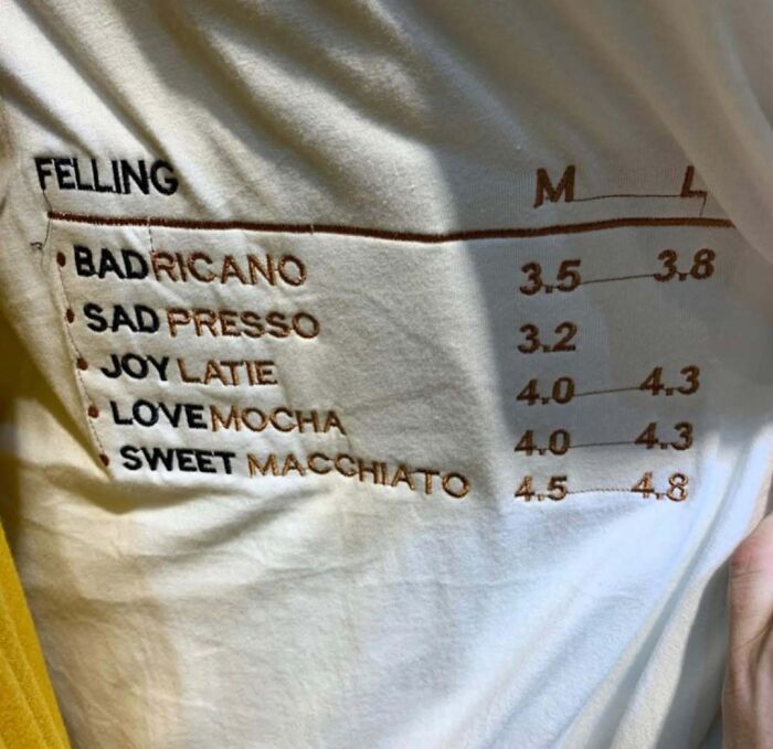 T-shirt design with humorous coffee names, showcasing phrases like BADricano and SAD presso.