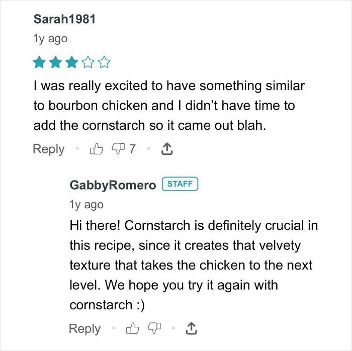 User review about missing cornstarch in bourbon chicken recipe with staff reply highlighting its importance.