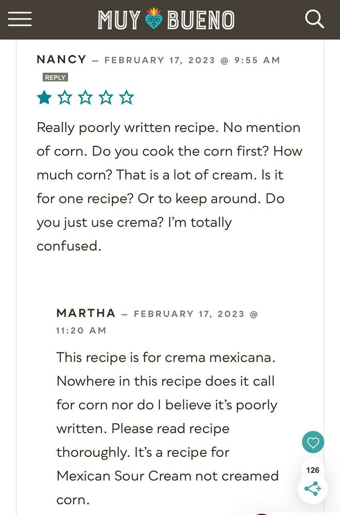 Recipe miscommunication in comments; confusion over corn and cream usage.