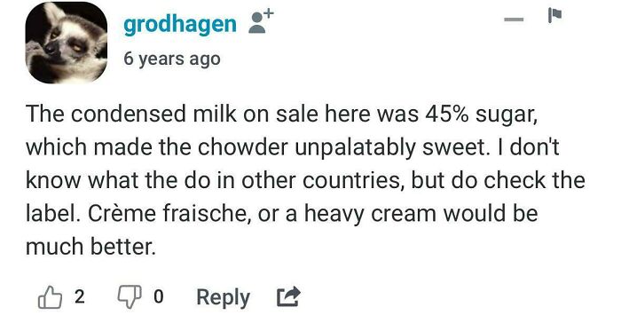 Comment on using condensed milk in chowder; suggests crème fraîche or heavy cream instead for better results.