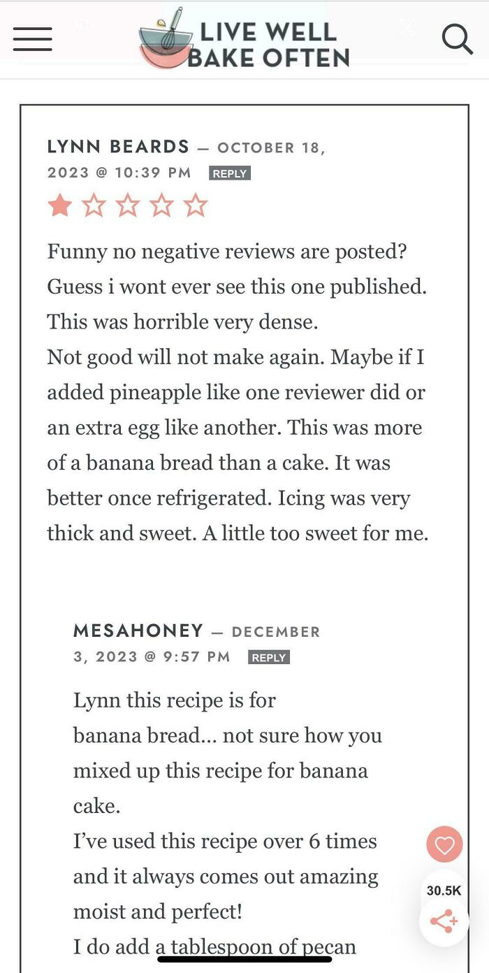 Recipe reviews with diverse opinions on banana bread, highlighting user experiences and modifications.