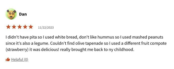 Review of creative recipe substitutions, using white bread, mashed peanuts, and strawberry compote.