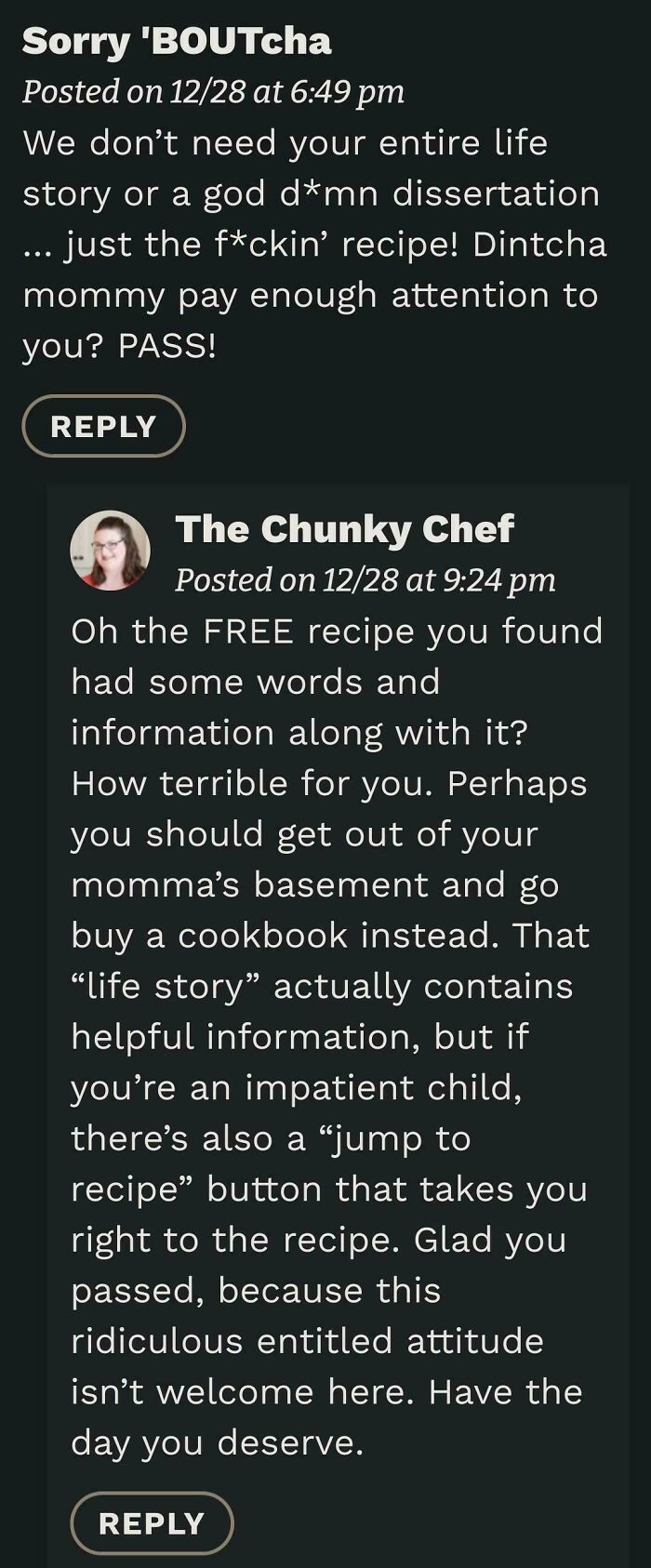 Humorous recipe comment exchange highlighting frustrations over lengthy recipe introductions.