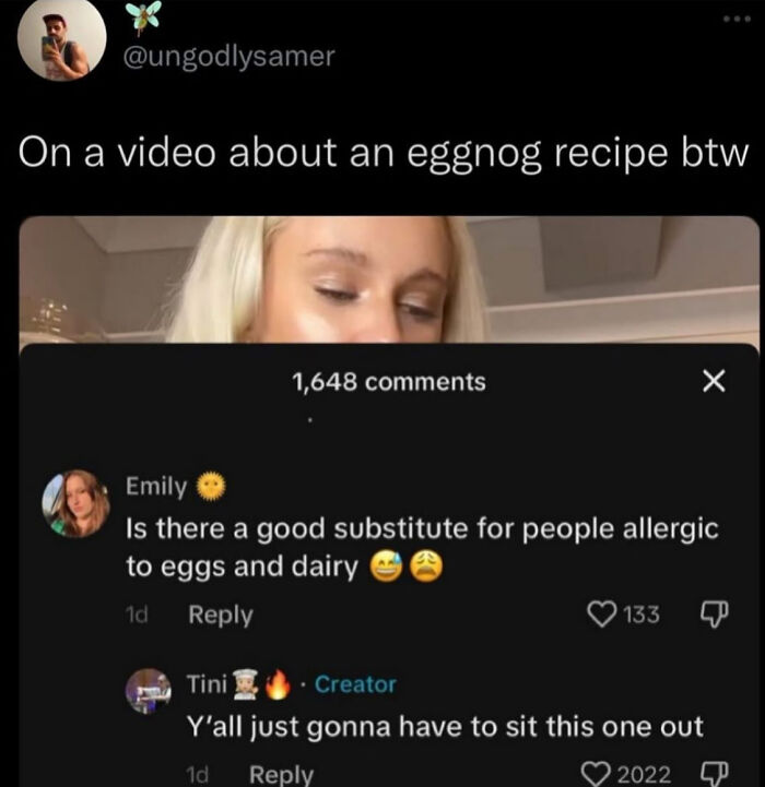 Image of a social media exchange about substitutes for eggnog recipe ingredients.