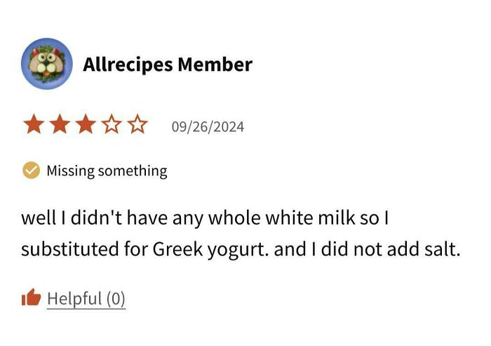 Recipe substitution review with star rating: Greek yogurt instead of milk, no salt added.