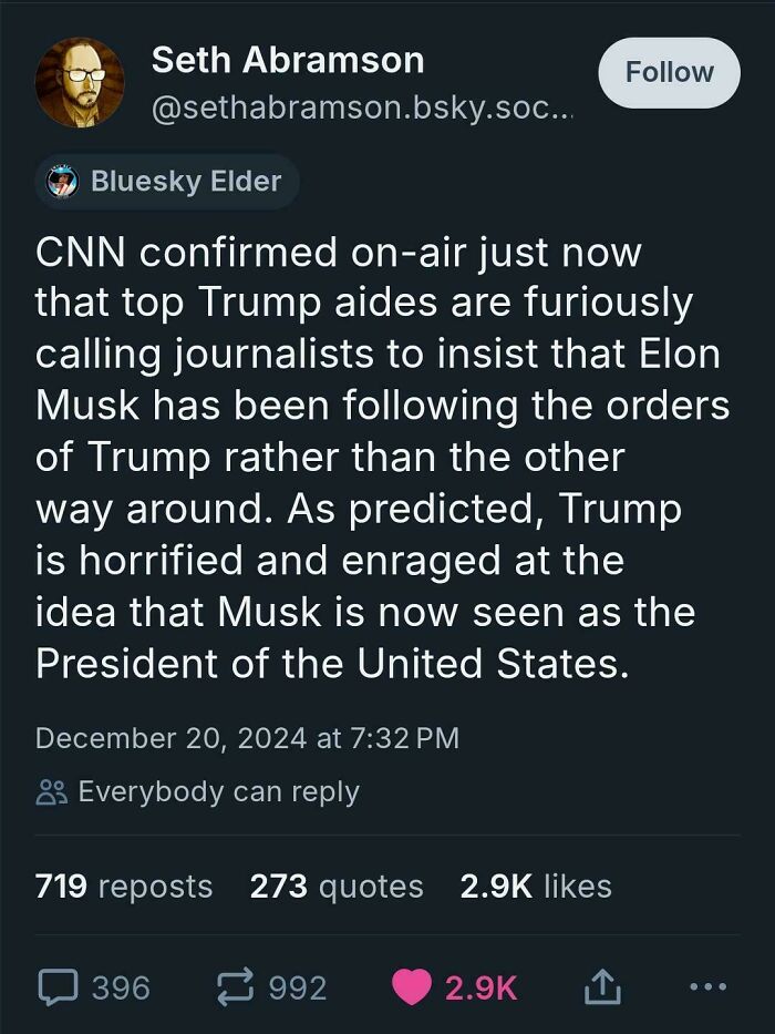 Tweet from "White People Twitter" discussing Trump, Elon Musk, and media reactions, with high engagement statistics.