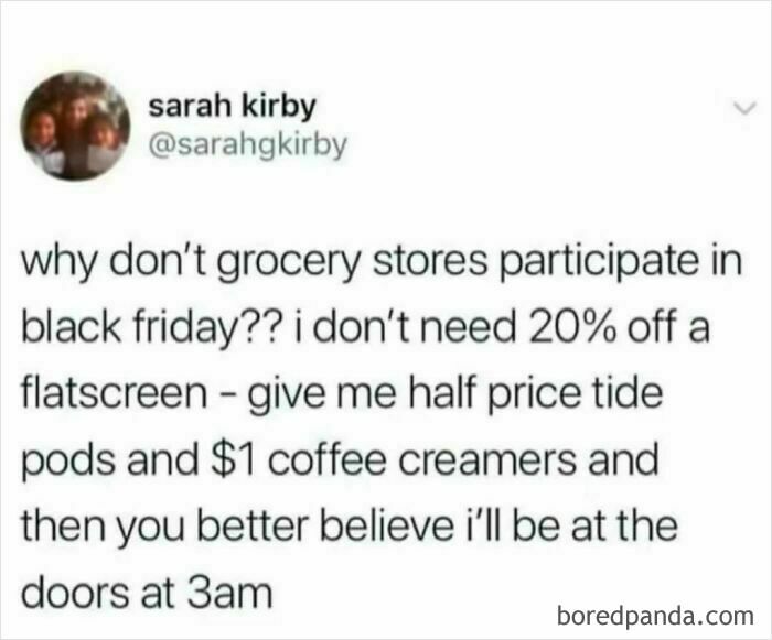 Funny meme questioning why grocery stores don't join Black Friday for discounts on essentials.