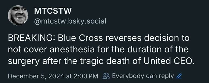 Tweet highlights chaotic reversal by Blue Cross on anesthesia coverage policy.